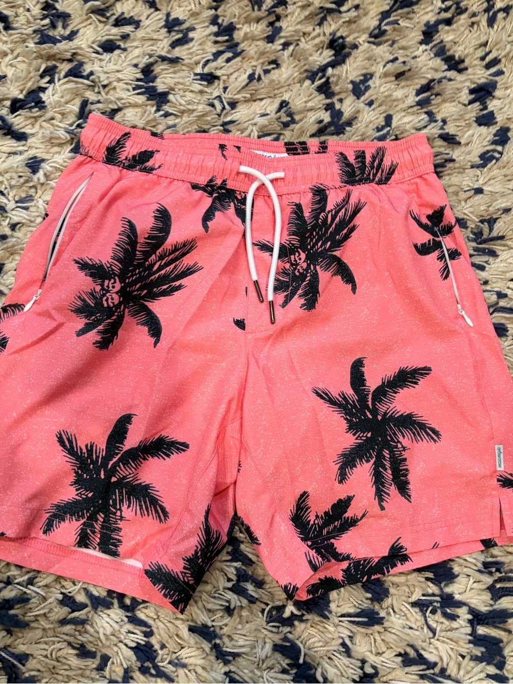 Coral Palm-Print Men's Swim Trunks with Drawstring Waist lined size small